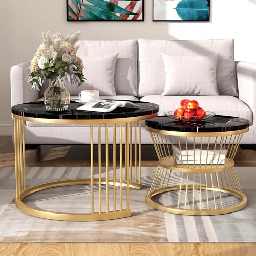 Image of NEST NATURE HAVEN Round Coffee Table, Modern Nestings Table Set of 2, Sofa Side Table with Marble Veneer Top and Metal Frame, End Table for Living Room Bedroom Home or Office (Golden Black)