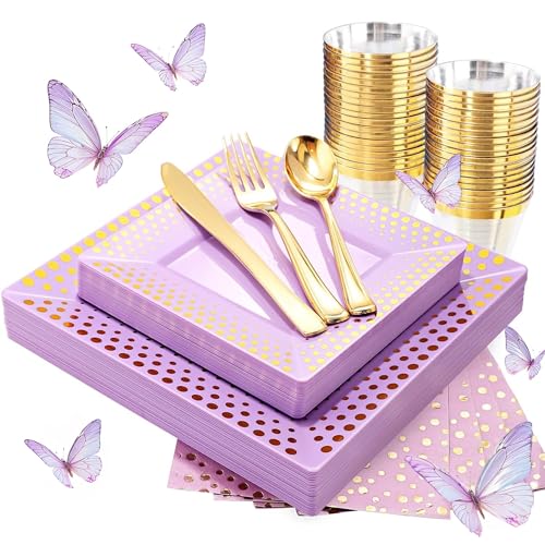 KIRE 175Pcs Purple Plastic Plates with Gold Dot - Lavender Square Plastic Plates with Disposable Silverware 9OZ Clear Cups Gold Dot Napkins for Upscale Wedding/Parties