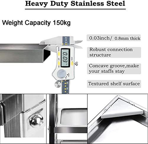 ybaymy 3 Shelf Utility Service Cart 950 x 500 x 950mm Stainless Steel Kitchen Island Trolley Catering Storage Cart with Locking Wheels for Hotels Restaurant Home Use 150kg Capacity