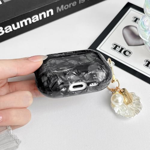 Image of OTOPO for Cute Airpods Pro 3 Gen Case Girl Women 2025 with Cleaner Kit, Glitter Shell Pattern Apple iPod Pro 3rd Generation Protective Cover Skin with Pearl Shell Keychain, Black
