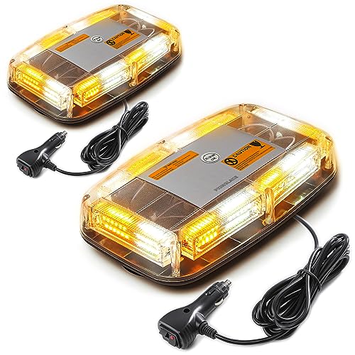 PKINGLAKE 2-Pcs 72LED Roof Top Emergency Strobe Beacon Lights, 12-24V High Visibility Safety Warning Mini Strobe Light bar with Magnetic Base for Snow Plow, Trucks, Construction Vehicles (Amber/White)