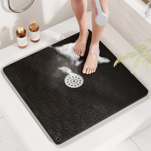 Image of HITSLAM Square Loofah Shower Mat, 24x24 Inch Non Slip Bath Mat, Black
