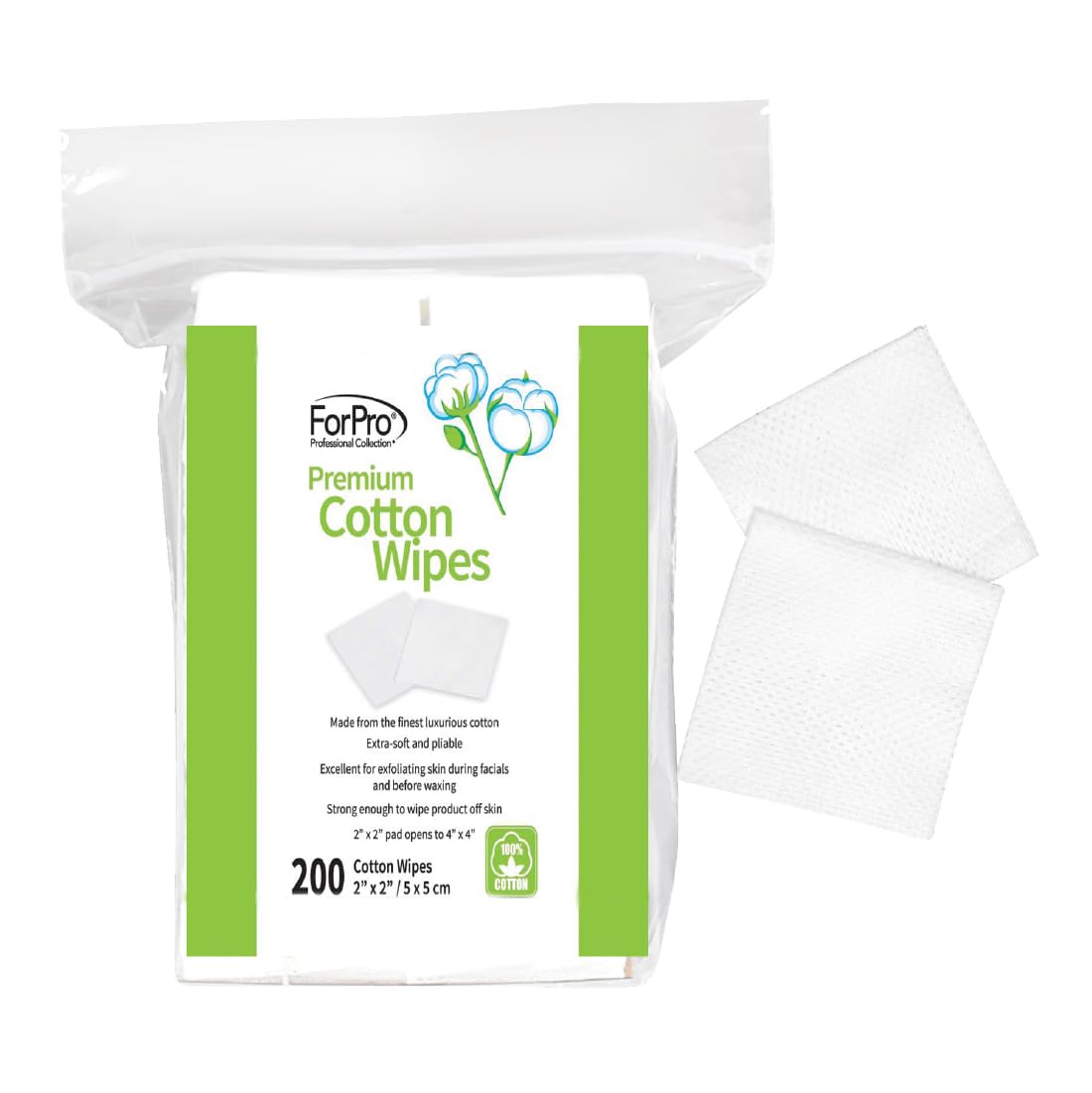 ForPro Professional Collection Premium Cotton Wipes, 100% Cotton, Extra-Soft, for Cosmetic, Nail, and Personal Care, 2” x 2”, 200-Count - cotton balls and swabs | Mubboo