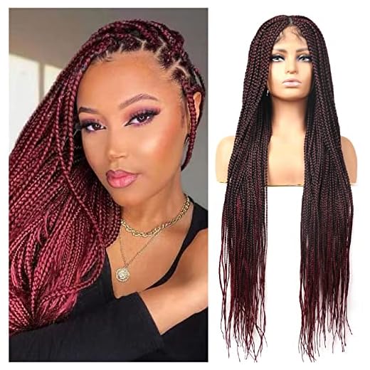 Humistwbiu Braided Wigs for Black Women Full Double Lace Front Square Knotless Box Braid Wig with Baby Hair Japan-made Lightweight Synthetic Burgundy Red Hand Braided Wigs 36 Inch (1B/BG)