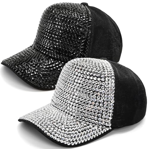 Image of Peohud Set of 2 Rhinestone Baseball Caps, Adjustable Snapback Baseball Hat for Women Men, Breathable Sparkle Bling Sun Hat for Sport, Party, Outdoor Activities Black