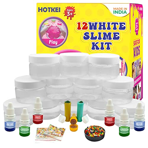 Image of HOTKEI (12 White Slime kit) DIY Clear Color Fruit Scented DIY Toy Slimy Gel Jelly Putty Set Art kit Toys for Boys Girls Kids 3 to 10 Years 600 gm Slime with Glitter| Charms | Star | Beads Set