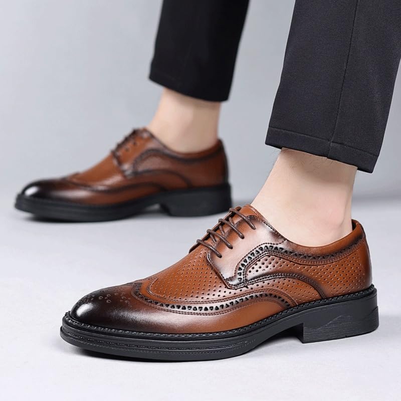 Sneaker Dress Shoes for Men Lace-up Handmade Brogue Wingtip Shoes Casual Business Oxford Derby Leather Shoes(Brown,9)3