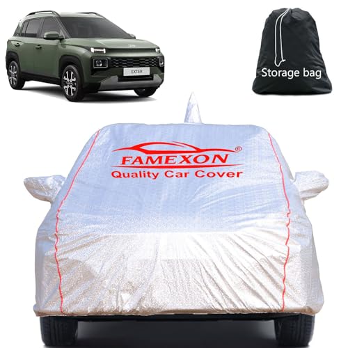 Image of Full Body Car Cover for Hyundai Exter with Mirror and Antena Pocket Triple Stiched(Silver with Red Piping)