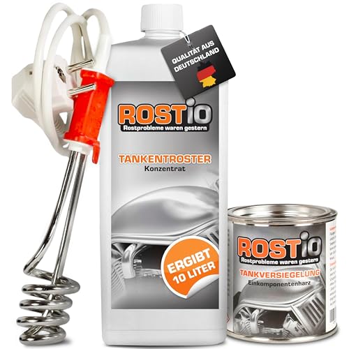 Rostio Tankentroster-Set 1L – inkl. 250ml Tankversiegelung & Tauchsieder – hochergiebig (1:10) – für Tanks bis 10L – Rostentferner & Korrosionsschutz – ethanolfest & flexibel – Set zur Tanksanierung