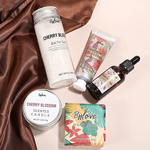 Coffret Cadeau Femme avec Fleur de Cerisier,5Pcs Coffrets Cadeaux Bain ,Sel de Bain, Crème pour Les Mains, Solide Sakura,Huile de Massage, Bougie Parfumée,Cadeau de Noël et d’Anniversaire - Image 3