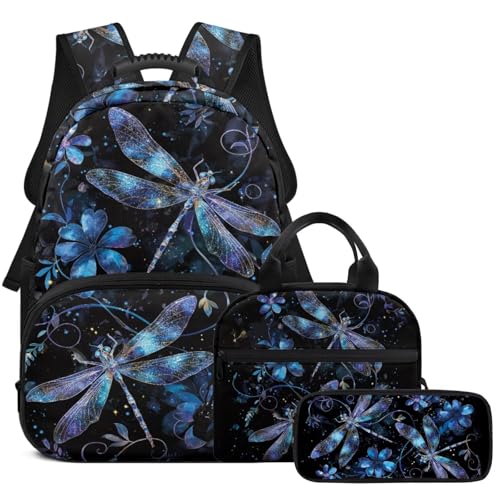 Dragonfly Backpack for School Teens Girls 12-14 Lightweight Floral Bookbag for Girls Set of 3 Versatile Kids Lunch Box Boys Insulated Lunch Cooler Bag
