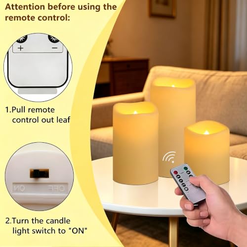Image of VIEWELLD Flameless Candles with Remote, Battery Operated Candles, LED Pillar Candles with Timer 2 /4 /6 /8 Hours, Real Wax Pack of 3, Indoor Home Decor (Ivory)