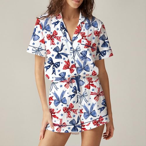 Image of Argeousgor Women 4th Of July Pajama Sets American Flag Short Sleeve Shirt and Shorts 2 Piece Independence Day Pajamas Set