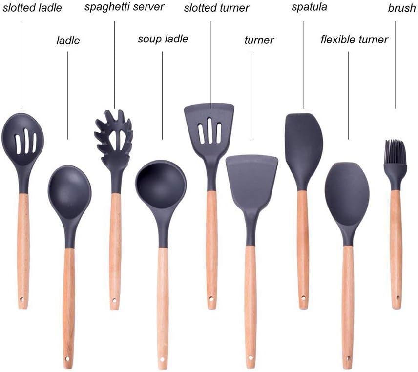 Wood Handle Silicone Nonstick Kitchen Utensil Set for Cooking Gadgets Cooking Utensils Set with Bamboo Wood Handles Cookware