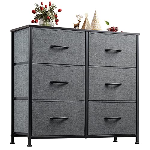 WLIVE Commode en Tissu avec 6 Tiroirs, Commode de Chambre à Coucher, Buffet, Structure en Acier, Idéale pour Le Salon, la Chambre d’Enfants, Le Couloir, Facile à Installer, Gris Noir