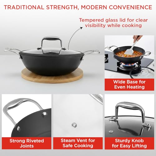 Image of Vinod Ferona Lightweight Cast Iron Kadai 1.4 L, 20 cm | Glass Lid, TREON Technology, No-Seasoning Enamel Kadhai for Healthy Cooking, Naturally Stick-Free, Gas Base, PTFE & PFOA Free