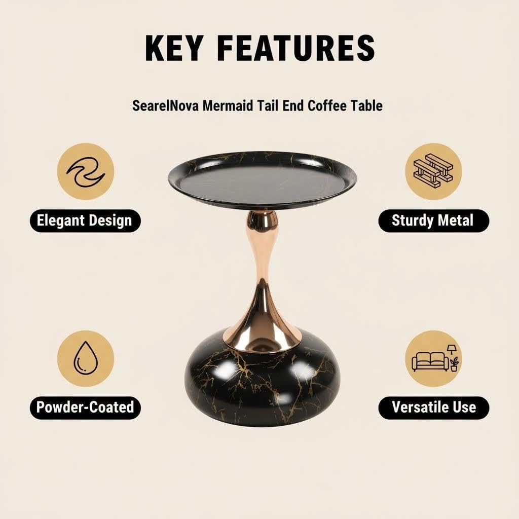 Mermaid Tail End Coffee Table – Modern Metal Pedestal Side Table with Round Tray Top for Living Room, Bedroom, or Office (Black Marble Pattern)