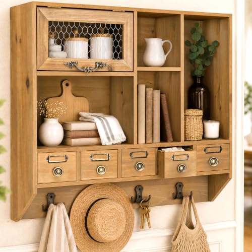 Felt Creative Home Goods Farmhouse Medicine Cabinet Organizer – Rustic Chicken Wire Wall Shelf with Hooks | Apothecary Shelf & Bathroom Wall Cabinet for Vintage Storage Farmhouse Shelves