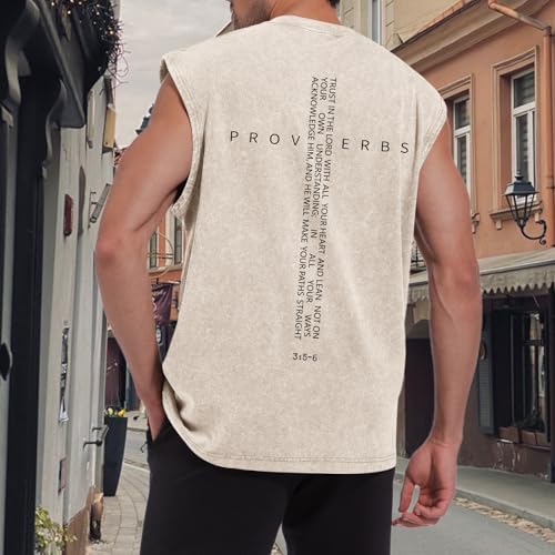 Image of Christian Gym Workout Tank Tops for Men Vintage Bible Verse Cross Graphic Sleeveless Muscle Shirts Acid Wash Tanks Top