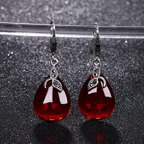 Ever Faith 925 Sterling Silver Red Created Chalcedony Crystal Retro Black Leaf Teardrop Hook Earrings Birthday/Mothers Day/Valentines Day/Christmas Jewelry Gift For Women #TOP3