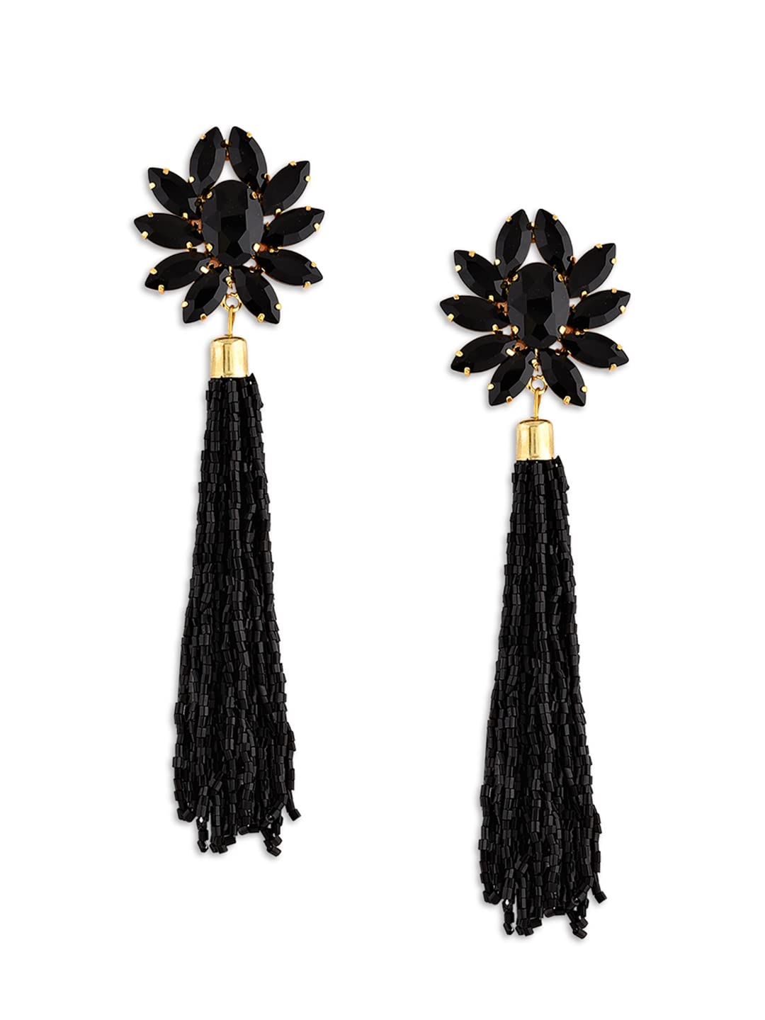 Metal Gold Plated 22K Sparkling Black Crystals Fashion Forward Tassel Earring For Women's - Zpfk7528