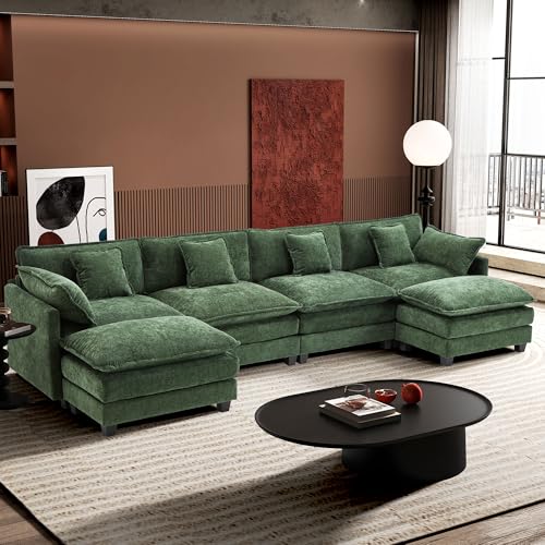 Image of Ihanherry 146 inch U-Shaped Modern Sofa Modular Sectional Cloud Couch with 2 Ottoman, 6-Seat Chenille Deep Seat Sofa with 6 Pillows for Living Room, Bedroom and Apartment, Green