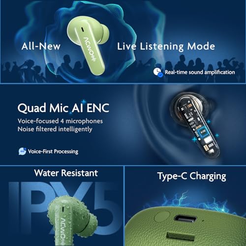 Image of ACwO DwOTS Muze, in-Built MP3 Player, TF Card Support, Recording Mode, Real-Time Audio Listening, Bluetooth Earbuds, Dual Device Connectivity, TWS Wireless Earphones with 45Hrs Playtime (Green)