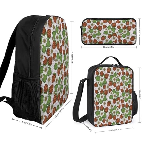 Strawberry Floral Classic Backpack Lunch Bag Pencil Case 3 Piece Set Travel Daypack2