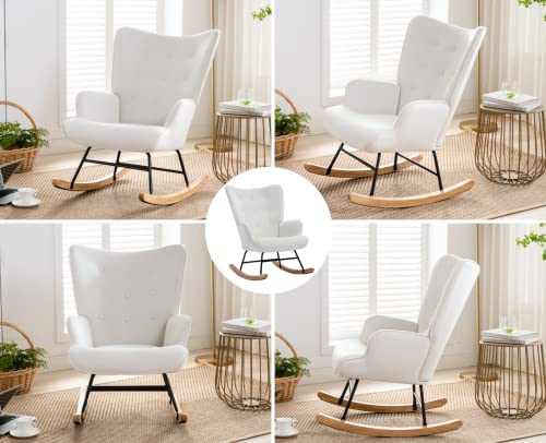 Cimota White Rocking Chair, Modern Velvet Armchair Tufted Wingback Comfy Rocker Chair With Thick Padded Seat For Nursery/Bedroom/Living Room, Cream #TOP2