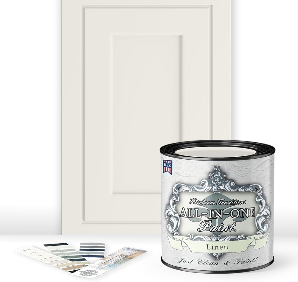 ALL-IN-ONE Paint by Heirloom Traditions, Linen (Soft Warm White), Quart - Durable cabinet and furniture paint. Built in primer and top coat, no sanding needed. Includes our 30 featured color card.