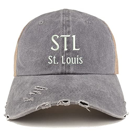 Trendy Apparel Shop STL St. Louis Embroidered Frayed Bill Trucker Mesh Back Cap - Grey