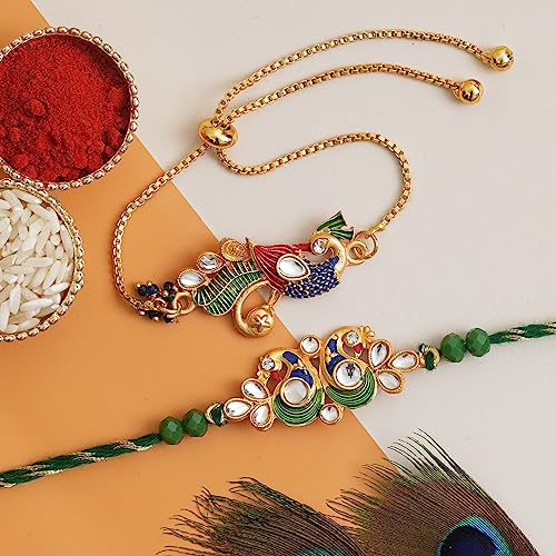 Image of eCraftIndia Unisex Adult Set Of 2 Peacock Feather And Floral Designer Rakhis For Brothers With Roli Chawal