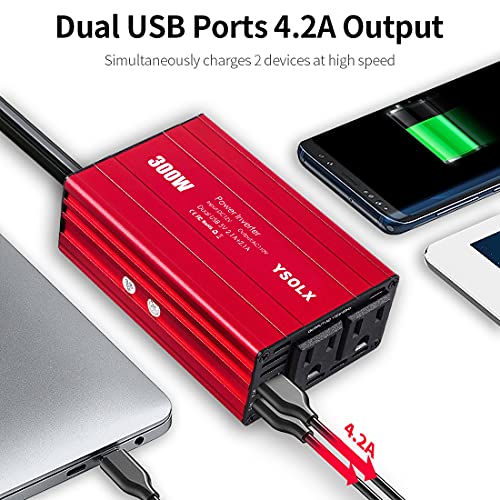 300W Car Power Inverter – DC 12V to 110V AC Converter, 4.2A Dual USB Ports, 2ÃAC Outletï¼Car Charger with Plug Outlet for Laptop