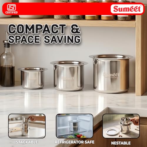 Image of Sumeet ISI Certified Stainless Steel Ganj /Milk Boiler /Tope /Cookware Set of 3 Pcs with Lid, Gas and Induction Friendly, 250ml, 400ml, 550ml, Silver