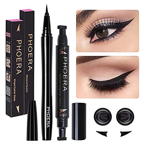 2 Packs Super Slim Precise Felt Tip Liquid Eyeliner Pen & Dual Ended Winged Eyeliner Stamp, Waterproof Long Lasting Smudge-proof Liquid Eye Makeup Seal Stamp Tool for Wing or Cat Eye Cover