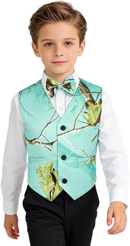 Boys' Lake Blue Camo Vest 3 Buttons Side Pockets Matching Bow Tie Stylish Formal Sleeveless Outerwear for Weddings