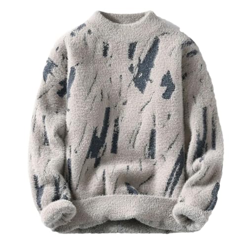 Men Print Round Neck Pullover Sweater Long Sleeve Thick Warm Loose Casual Knit Jumper