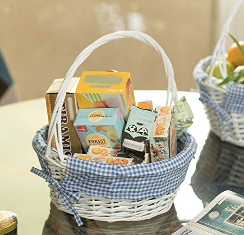 White Round Willow Gift Basket, With Blue Gingham Liner And Handle- Medium #TOP2
