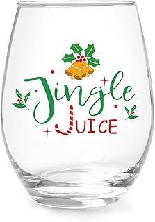 Jogskeor Jingle Juice Christmas Wine Glass, 15 Oz Christmas Stemless Wine Glass for Friends Women Men, New Year Gift Idea for Christmas Wedding Party