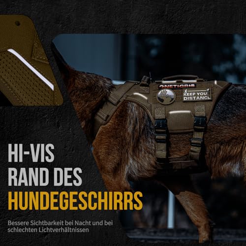 OneTigris Hundegeschirr, Torpedo Taktisches Geschirr mit 4 Metallschnallen 3 Metall-D-Ringen 2 Griffe und Reflexstreifen No-Pull Einstellbar Sicherheitsgeschirr für Große/Mittlere Hunde - Braun L