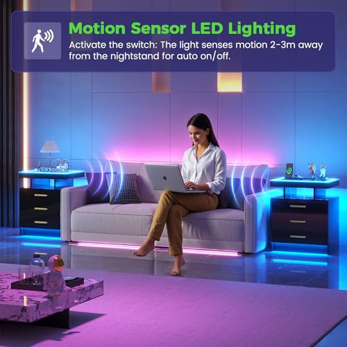 Image of HNEBC LED Nightstand with Charging Station,Smart Bedside Table with Motion Sensor Lights,3 Drawers,Tempered Glass Top,High Gloss End Table with 3 Color Lights for Bedroom, Living Room,Office-Black