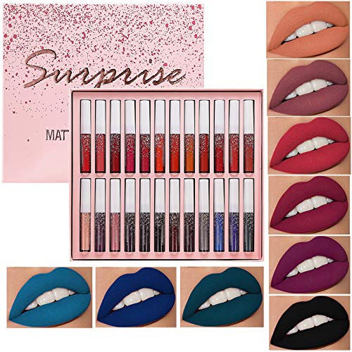 Gifts for Women 24Pcs Lip Gloss Matte Red Lip Gloss Set Waterproof Liquid Lipstick Set Lasting Non-Stick Cup Lip Gloss Kit Velvety Black Lipstick Lip Goss Pack Gifts for Mom