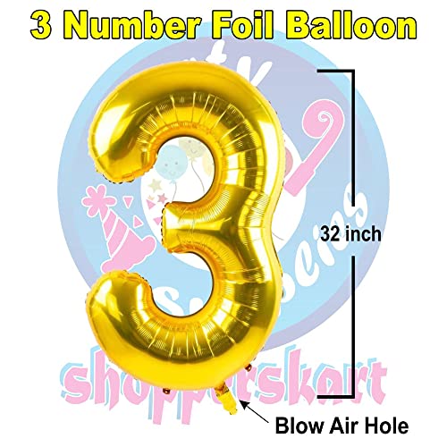 Image of Golden 32 Inches 3 Numbers Shape Large Big Foil Helium Balloons For Party Decorations In Happy Birthday Anniversary Office Items Materials Set Pack, 1 Piece