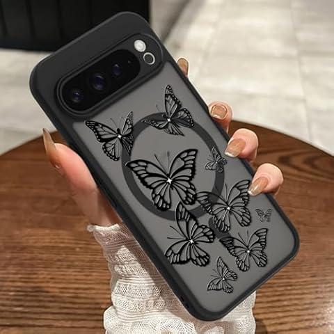 MOWIME Magnetic for Google Pixel 9 Pro XL Case, [Compatible with MagSafe] Cute Butterfly Pattern for Women Girls Shockproof Translucent Matte Protective Case for Pixel 9 Pro XL, Black Cover