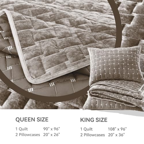 Image of Grassix Velvet Quilt Set King Size, Luxury Geometric Design, Mocha Brown