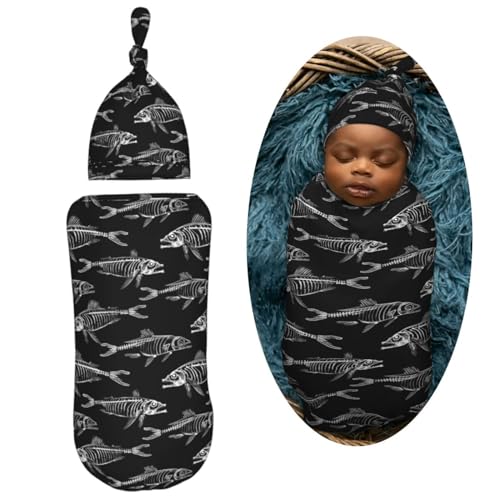 Image of Black White Bones Fish Lover Newborn Swaddle Blankets Hat Sets Soft Baby Receiving Blanket Swaddle Sack for Baby Shower Infant Boy Girl Gift