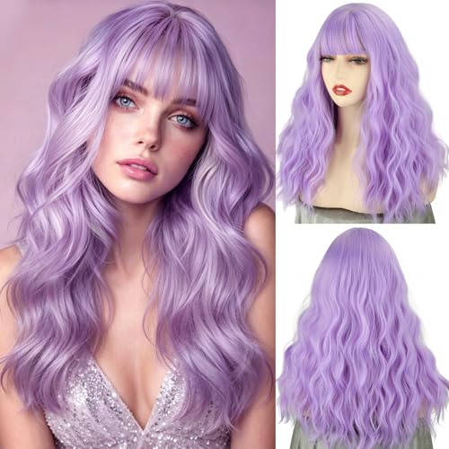 Xinran 18 Inch Light Purple Wig with Bangs Medium Long Lavender Wavy Synthetic Wigs for Women Heat Resistant Curly Hair Wig for Daily Party Cosplay