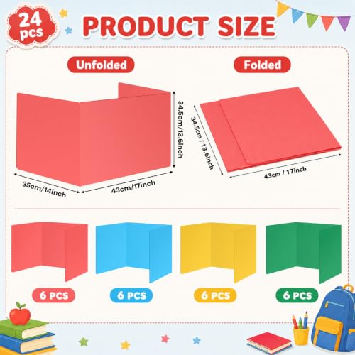 24 Packs Pastel Privacy Folders Desk Durable Waterproof Plastic Divider Board Tri Fold Easy Clean Privacy Shield Divider with Sticker Clips and Clips for Back to School Classroom Teacher Supplies - Image 2