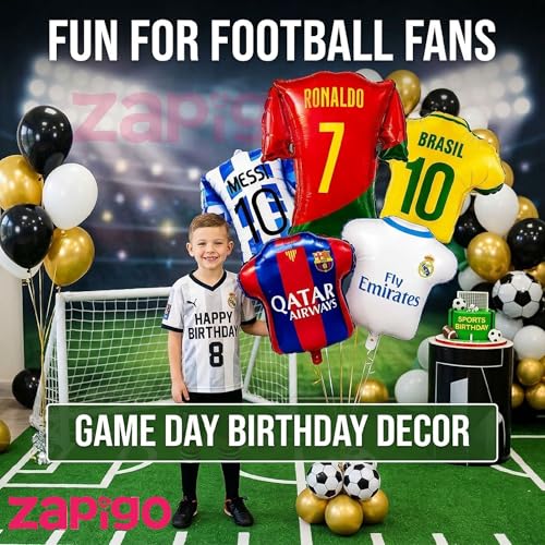 Image of Balloonistics Football Soccer Jersey Theme Birthday Balloon Bouquet | Football Fan Birthday Party Decoration | Soccer Kit Party Balloon Set | Pack of 5