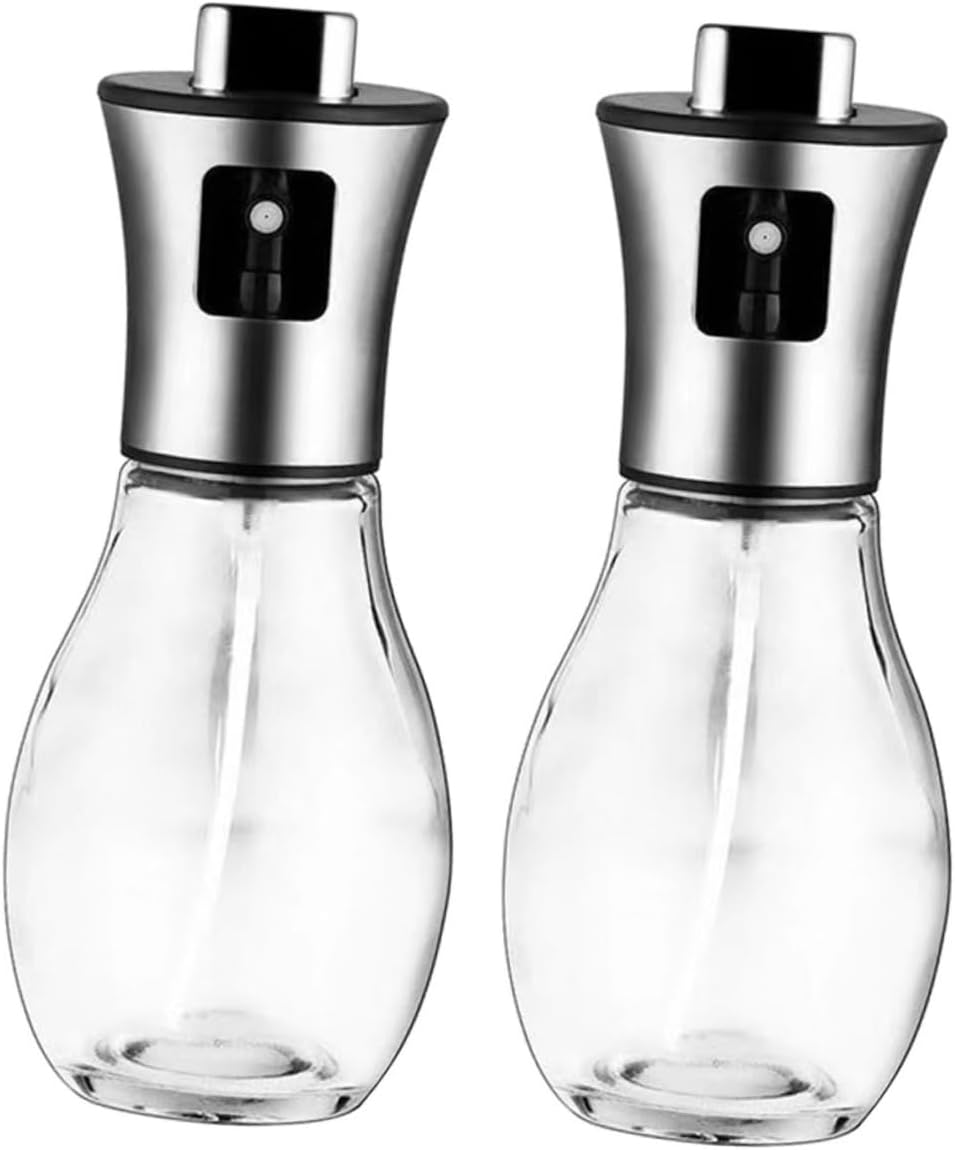 Mikinona 2pcs Oil Spray Bottle Press Type Oil Sprayer Dispenser Sauce Bottle Kitchen Container Visible Glass and Stainless Steel Material
